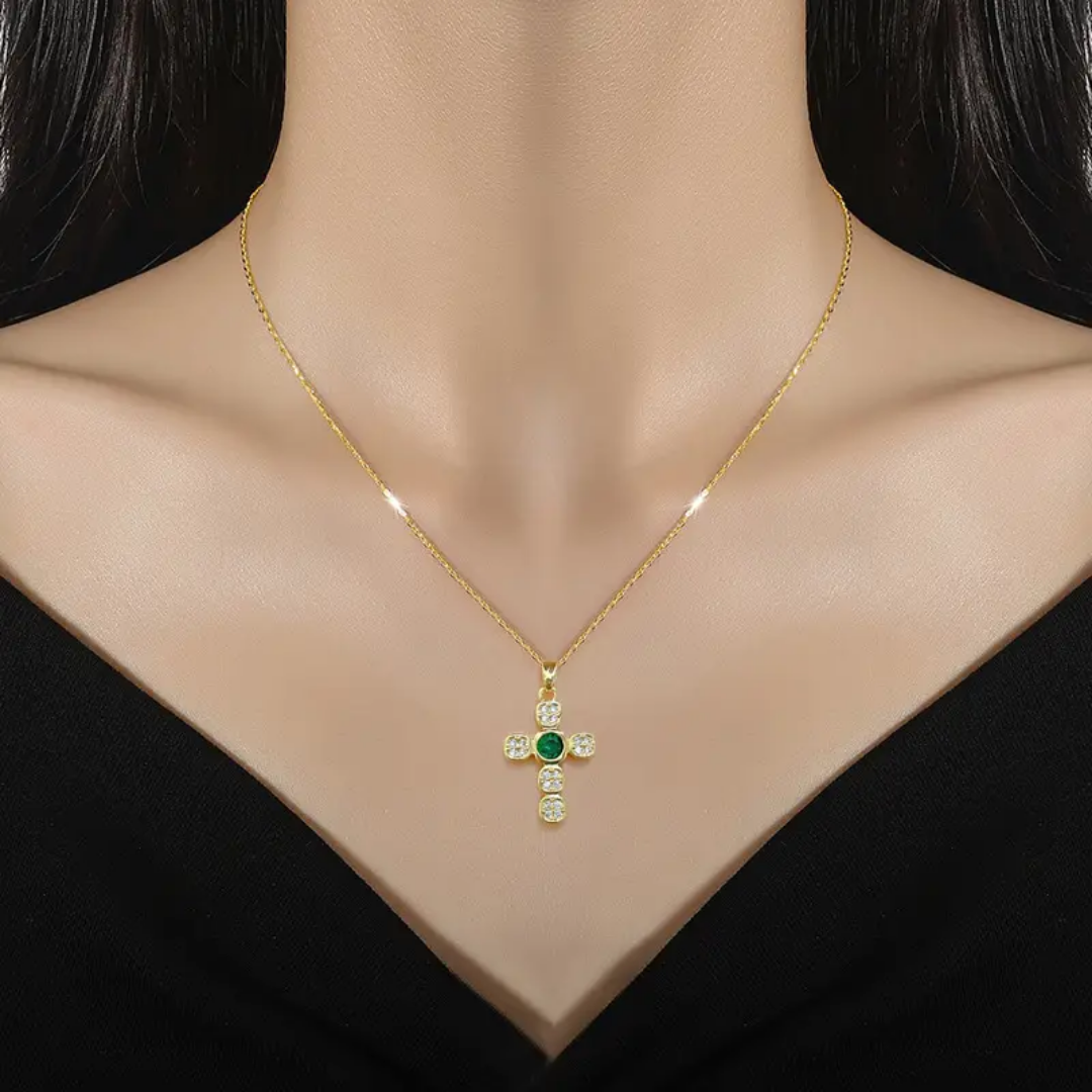 Gold-Plated Cross Necklaces with Colorful Gemstone Centers and CZ Accents