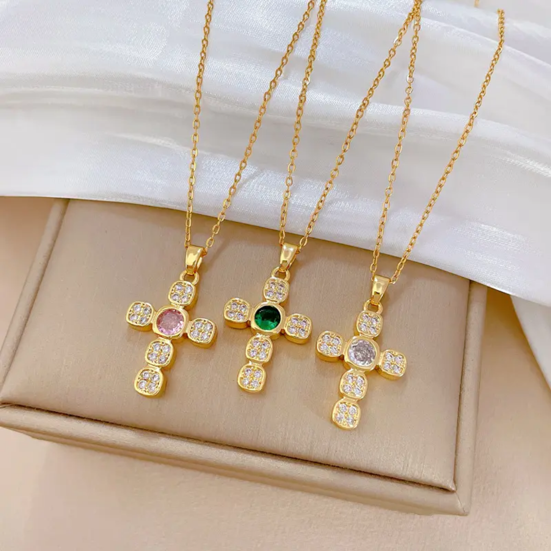 Gold-Plated Cross Necklaces with Colorful Gemstone Centers and CZ Accents - Image 2