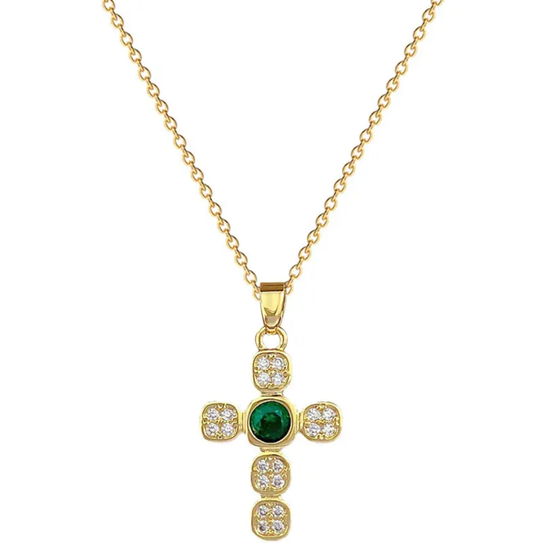 Gold-Plated Cross Necklaces with Colorful Gemstone Centers and CZ Accents - Image 4