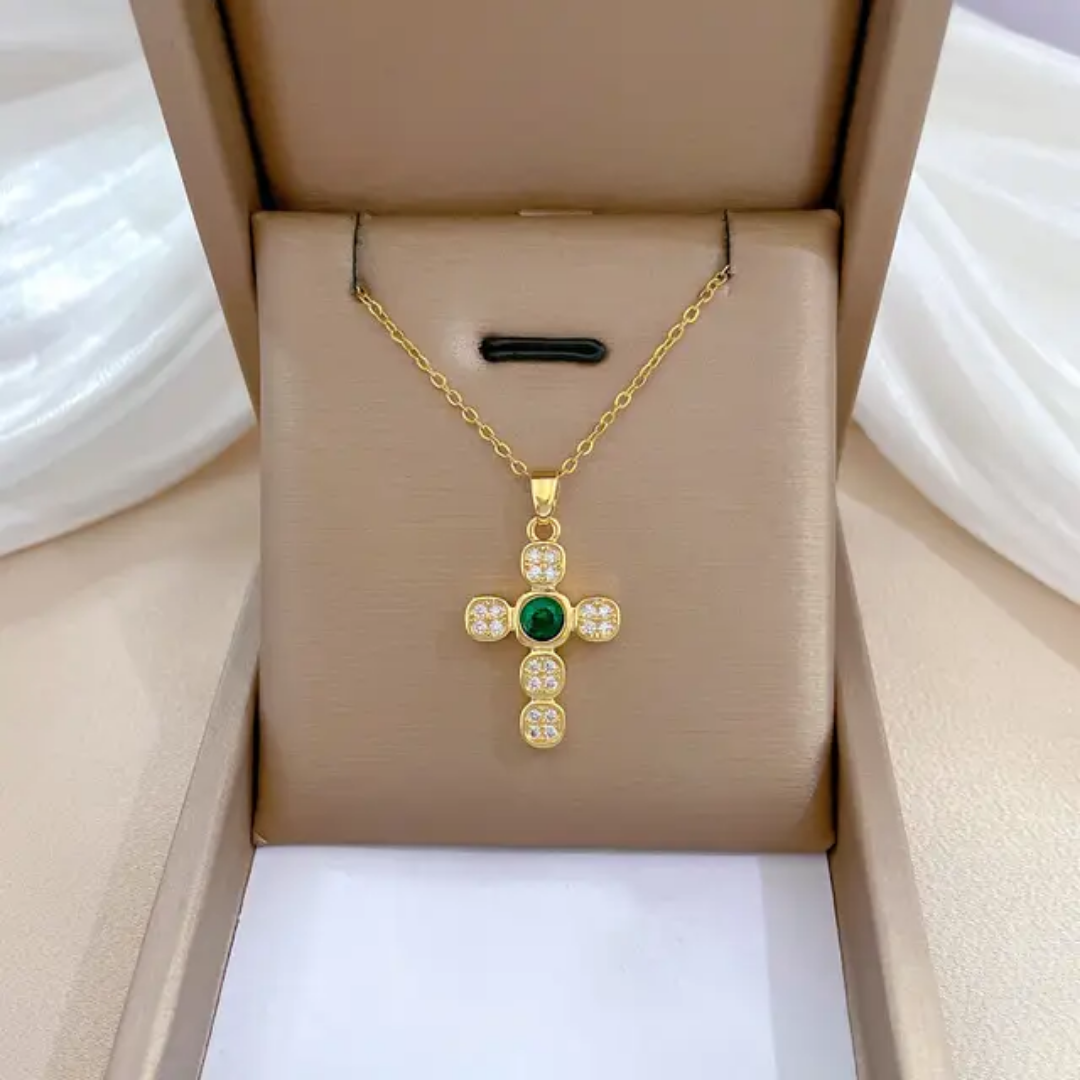 Gold-Plated Cross Necklaces with Colorful Gemstone Centers and CZ Accents - Image 5