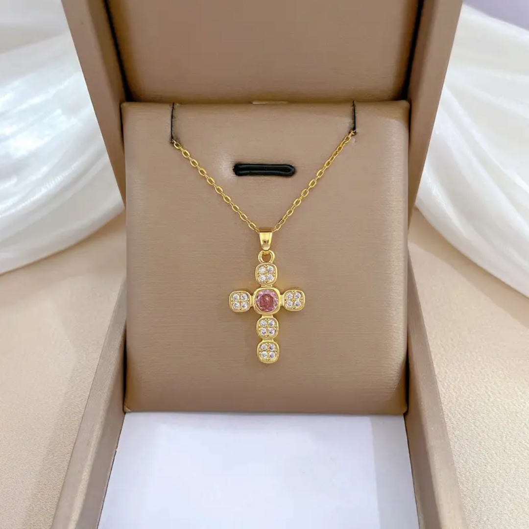 Gold-Plated Cross Necklaces with Colorful Gemstone Centers and CZ Accents - Image 3